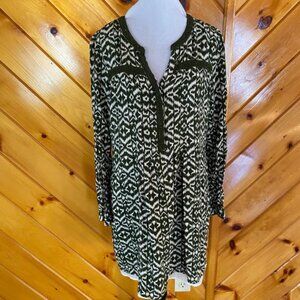 Altard State Tunic Dress Green White Ikat Print Crochet Trim Long Sleeve Size L